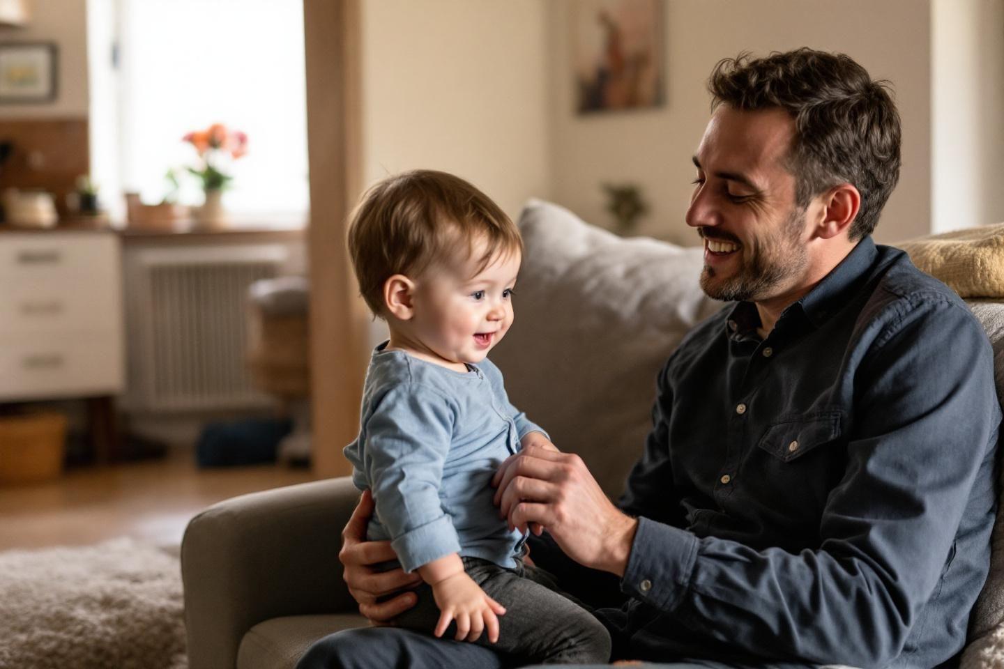 Un p&egrave;re sourit &agrave; son jeune fils sur un canap&eacute;