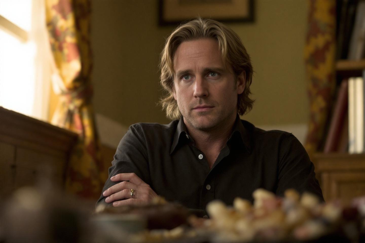 Homme aux cheveux mi-longs assis &agrave; une table, regard pensif