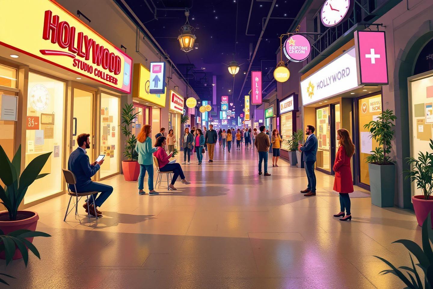 Couloir color&eacute; avec des personnes devant des portes de studio