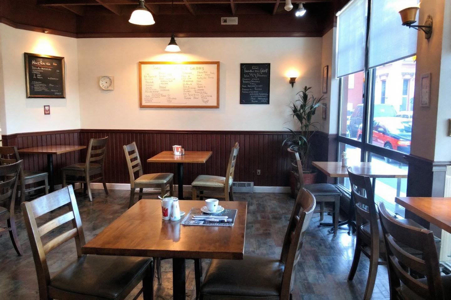 Tables en bois, chaises, tableaux noirs, lumi&egrave;re douce dans un caf&eacute;
