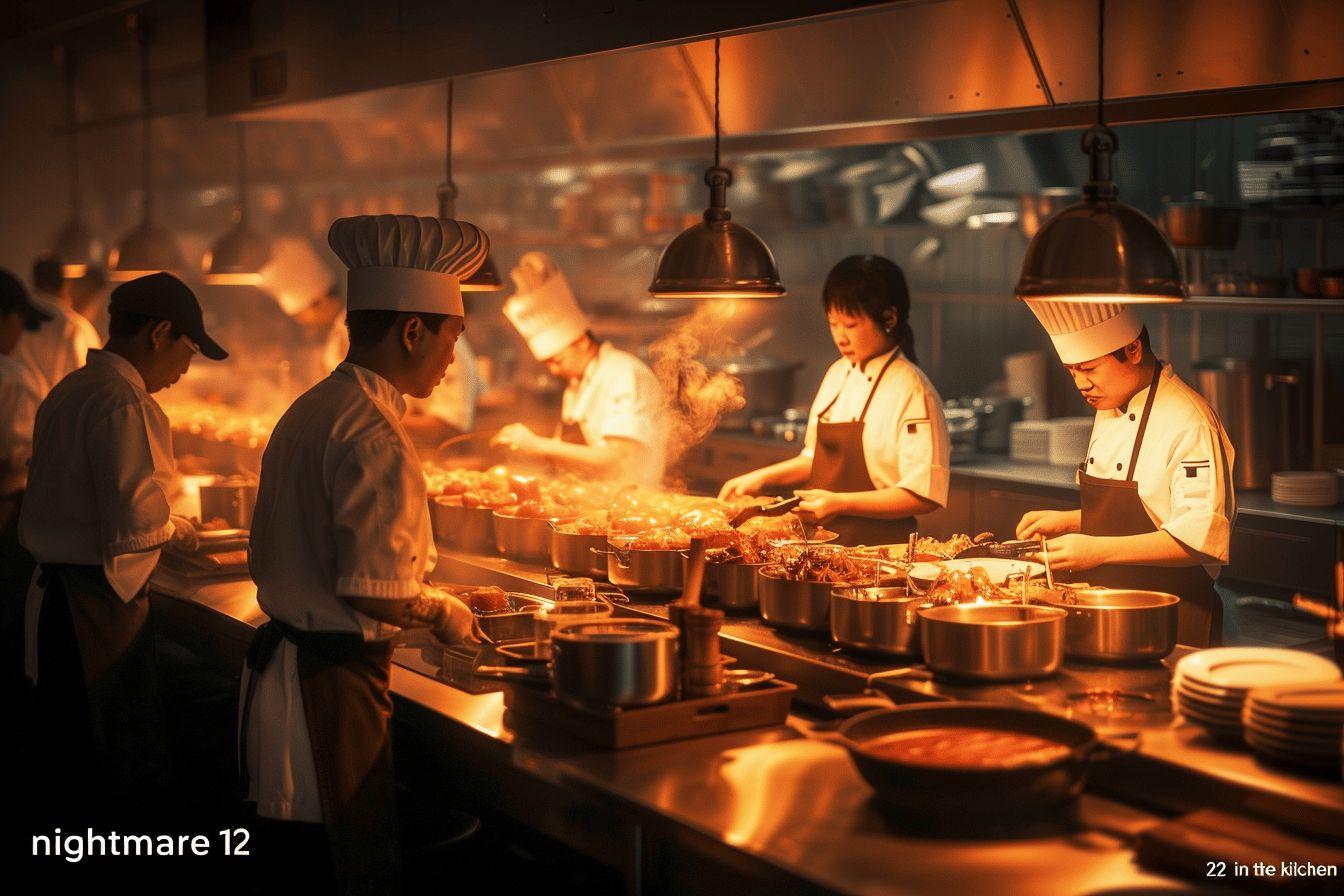 Cuisine survolt&eacute;e avec chefs affair&eacute;s pr&eacute;parant de nombreux plats