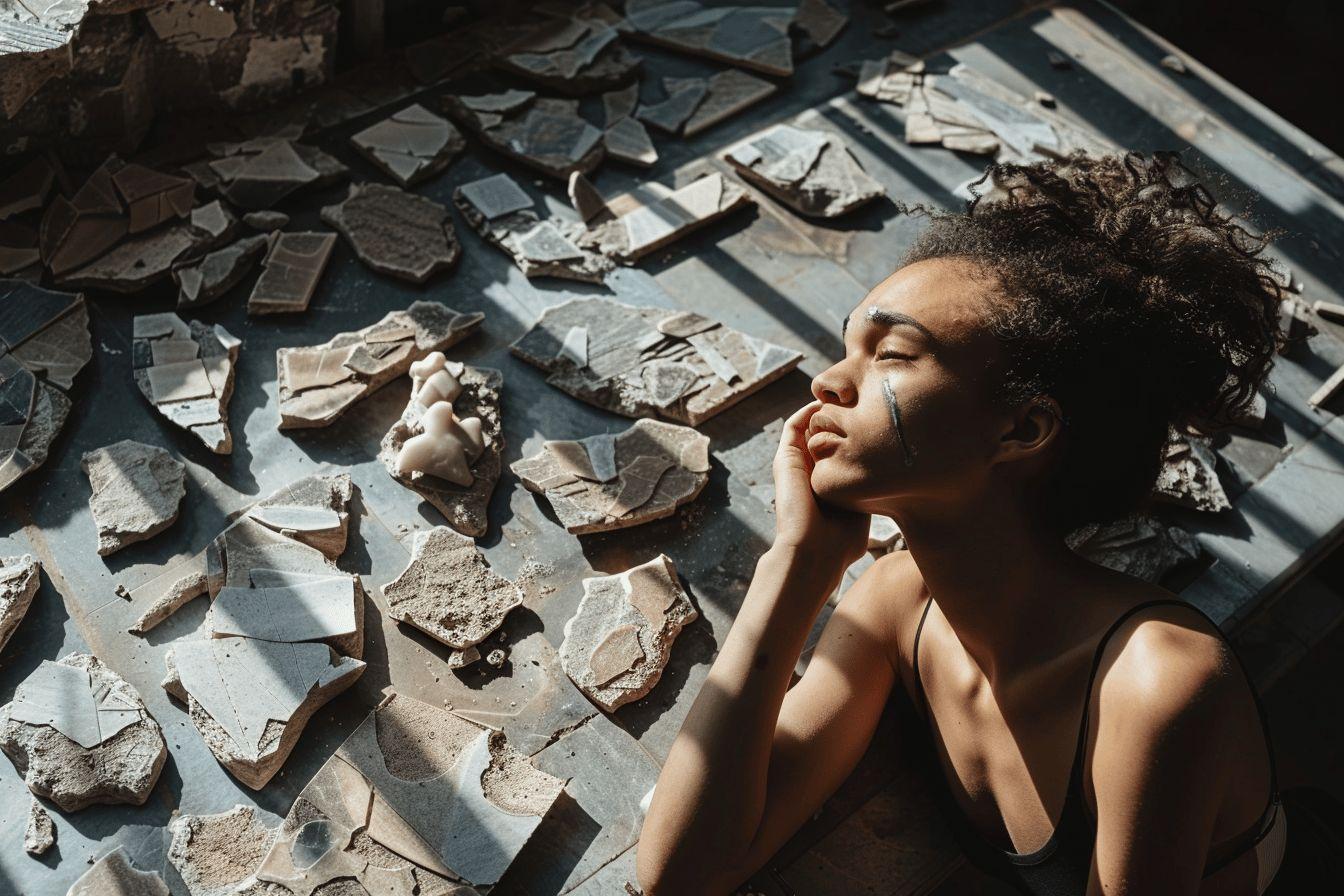 Femme aux yeux ferm&eacute;s entour&eacute;e de morceaux de pierre &eacute;parpill&eacute;s