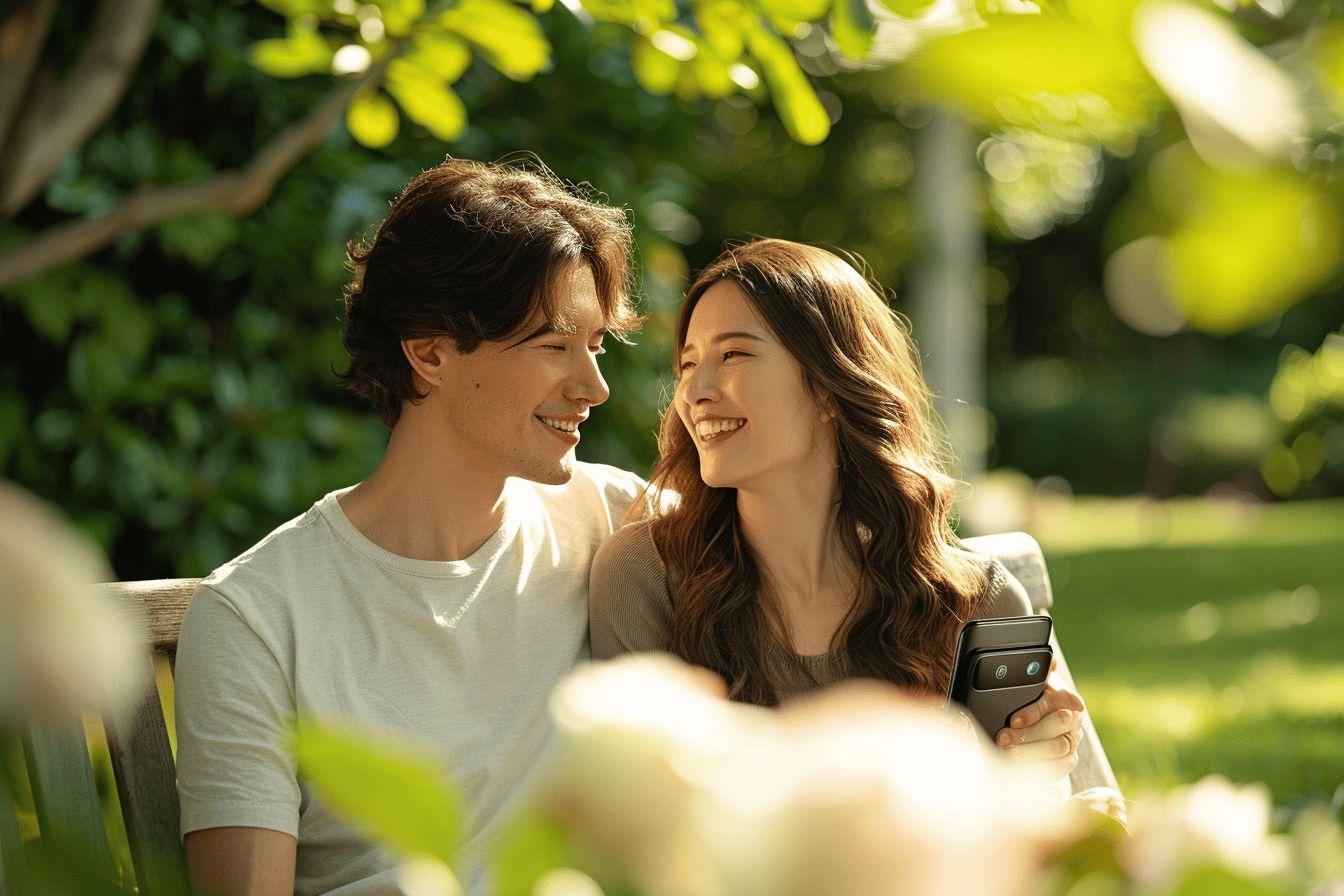 Couple souriant, assis c&ocirc;te &agrave; c&ocirc;te sur un banc verdoyant