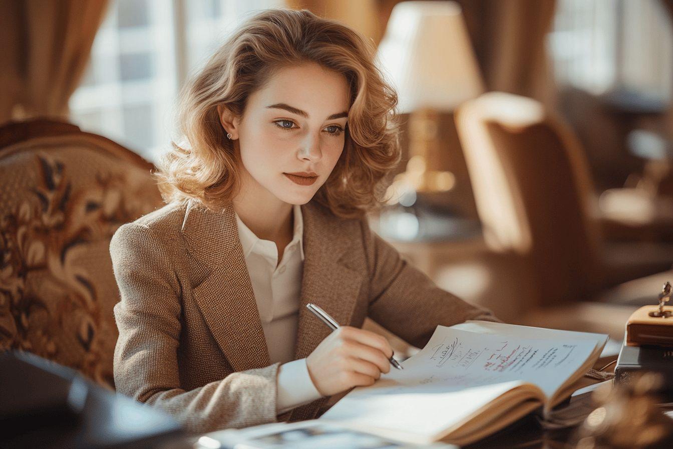 Jeune femme en blazer &eacute;crivant dans un document