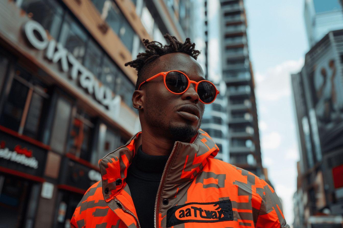 Homme jeune avec coupe de cheveux afro, lunettes de soleil rouges, v&ecirc;tu d'une veste orange flamboyante