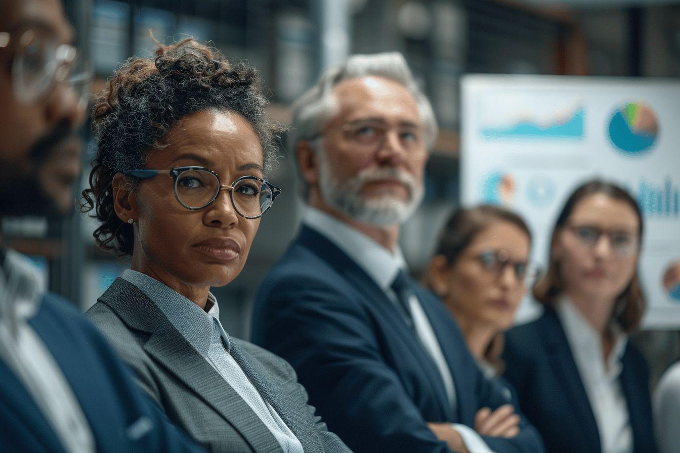 Groupe de personnes s&eacute;rieuses dans une r&eacute;union d'entreprise