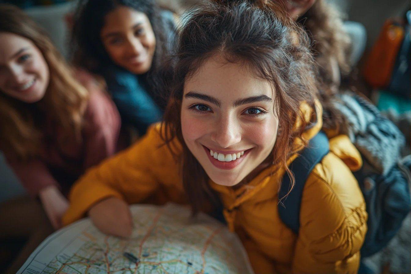 Jeunes femmes joyeuses avec carte du monde, v&ecirc;tements color&eacute;s
