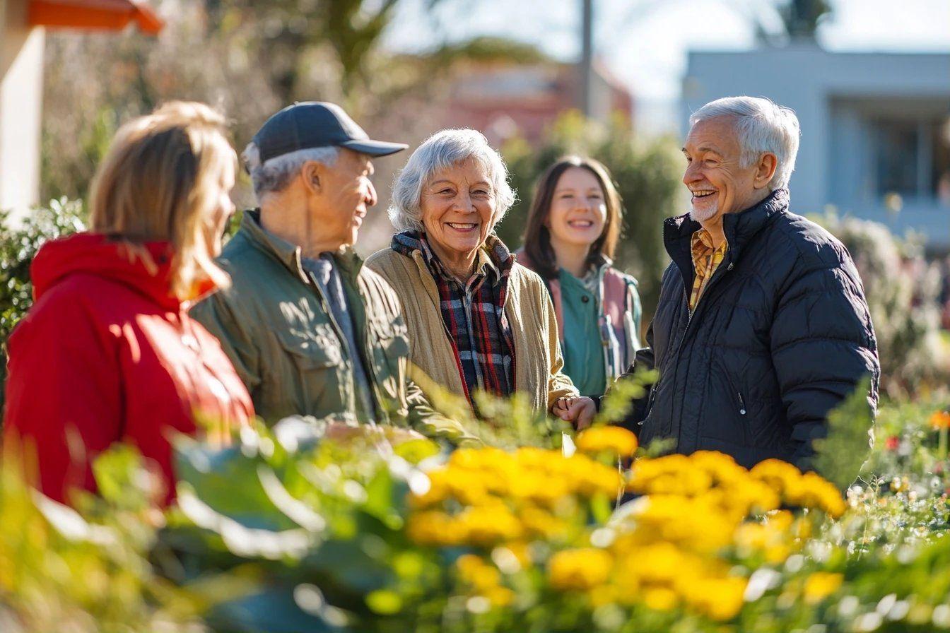 Groupe de seniors heureux parmi des fleurs jaunes