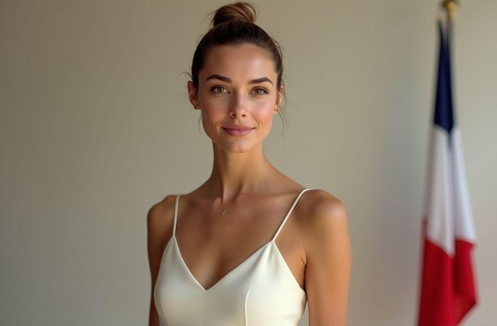 Portrait d'une femme souriante en robe blanche pr&egrave;s d'un drapeau