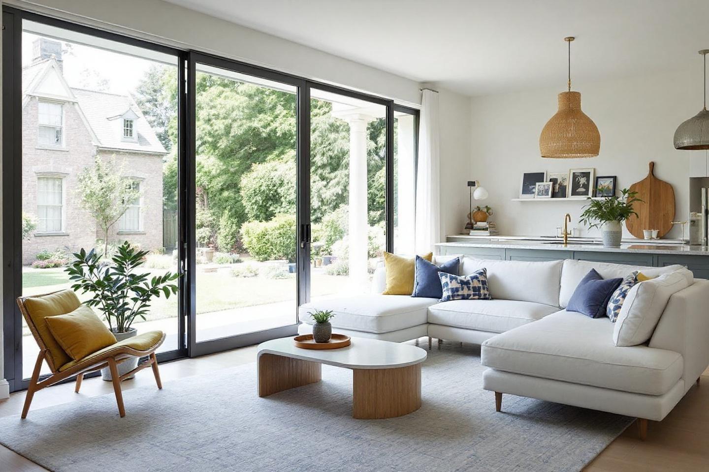 Espace de vie moderne avec canap&eacute; blanc et baies vitr&eacute;es