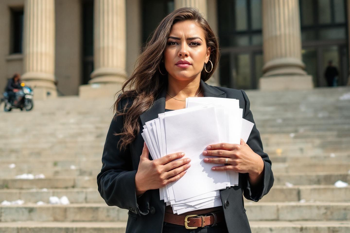 Femme professionnelle tenant des documents officiels, regards s&eacute;rieux