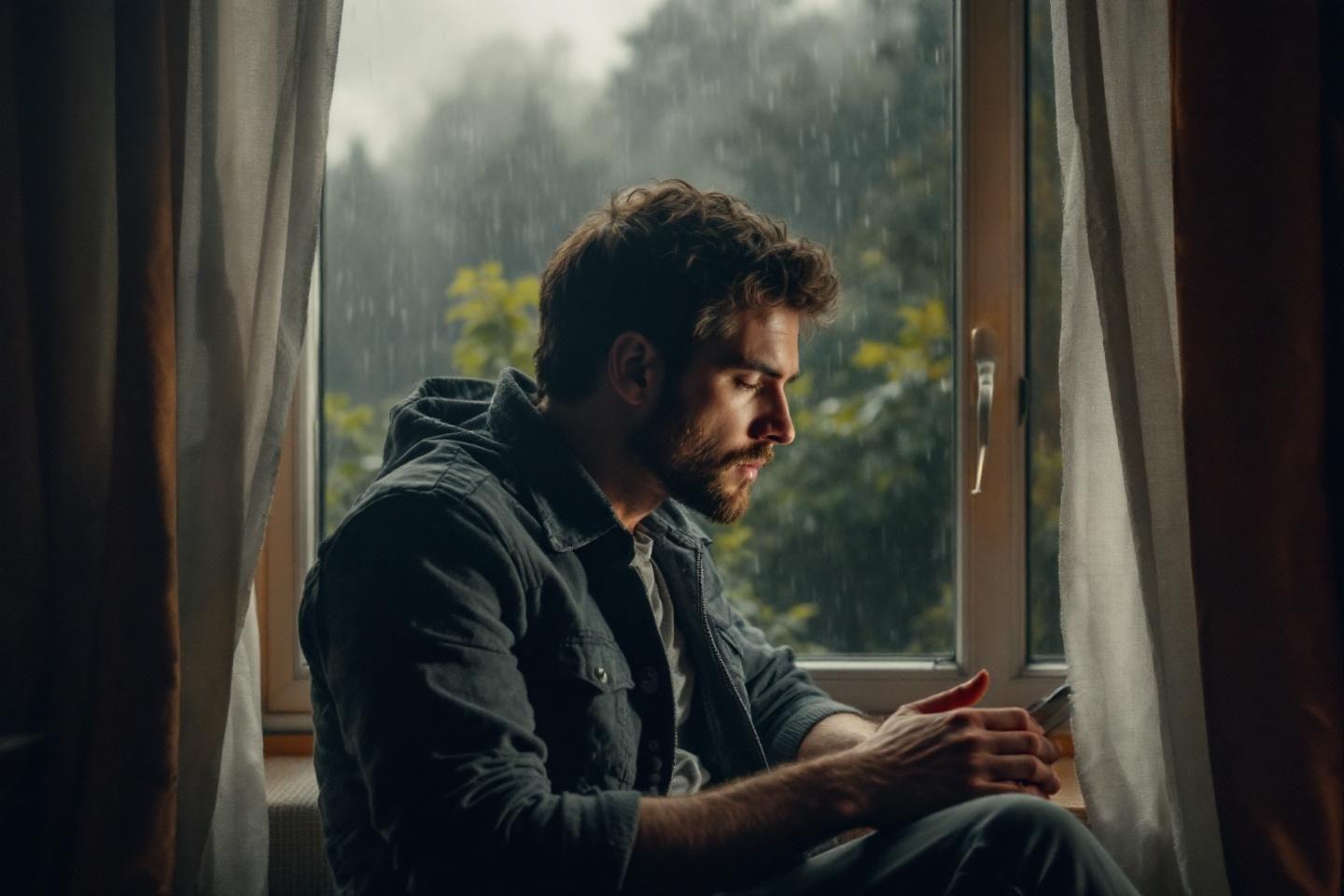 Homme pensif pr&egrave;s d'une fen&ecirc;tre pendant une journ&eacute;e pluvieuse