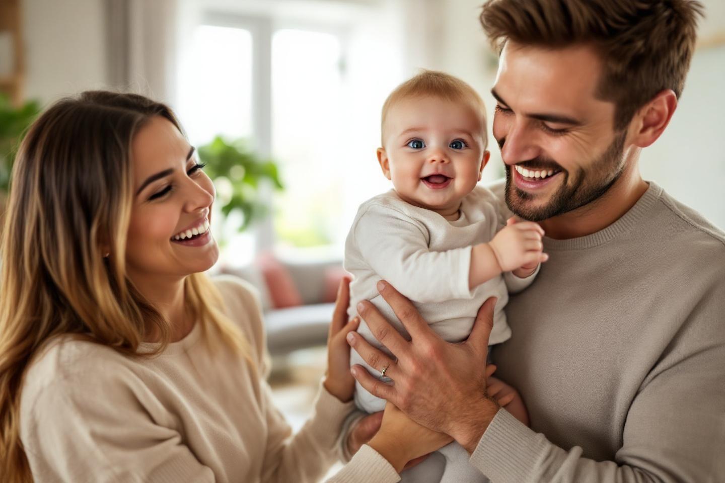 Parents joyeux tenant leur bébé dans un intérieur lumineux