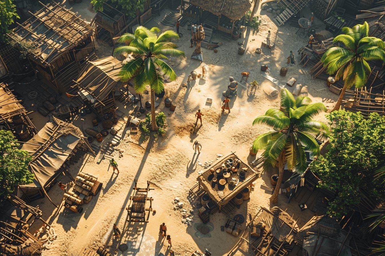 Vue aérienne d'un village en bois avec palmiers et habitants