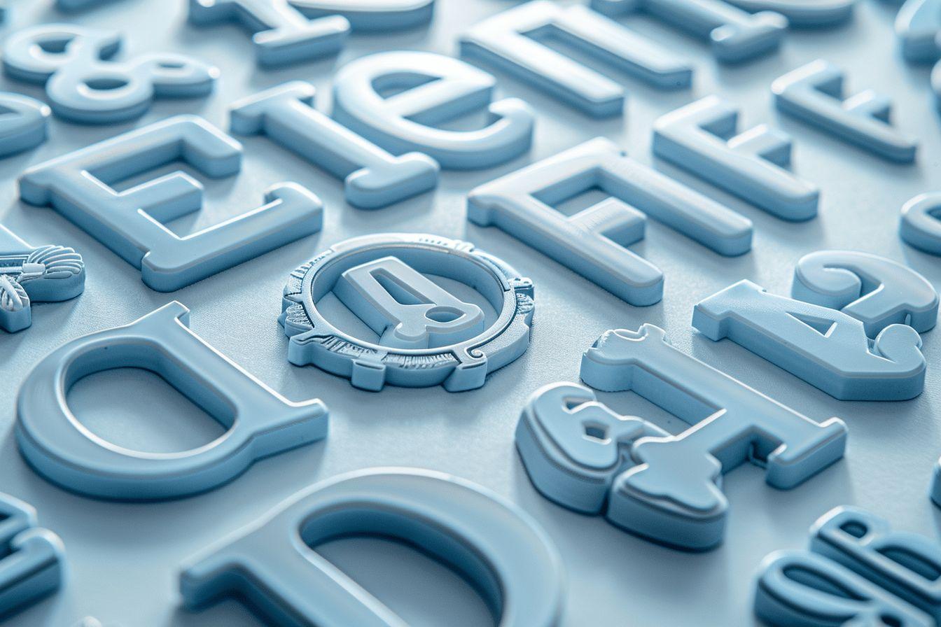 Diverses lettres tridimensionnelles bleu clair avec un embl&egrave;me central