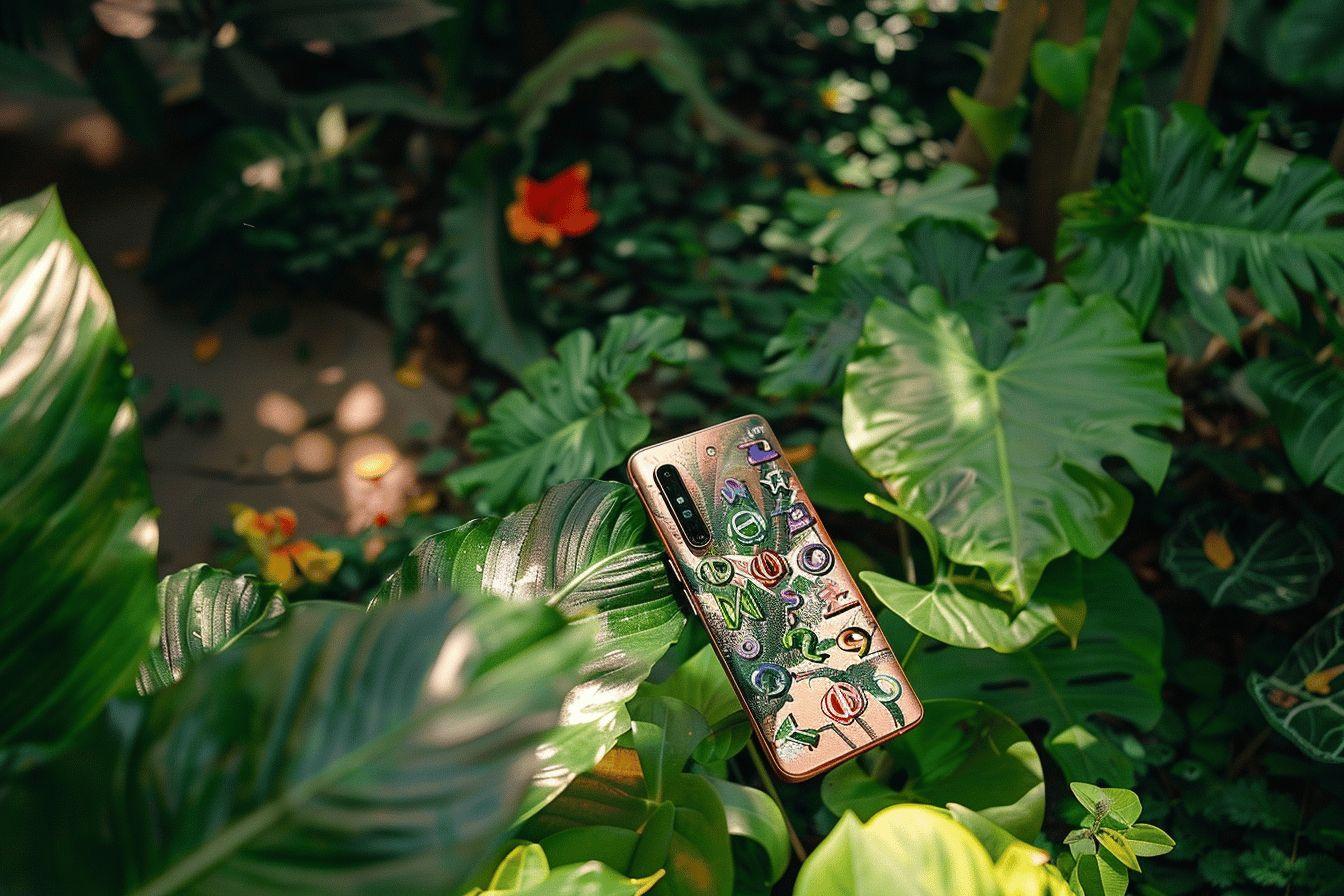 Téléphone aux motifs colorés posé sur des feuilles vertes