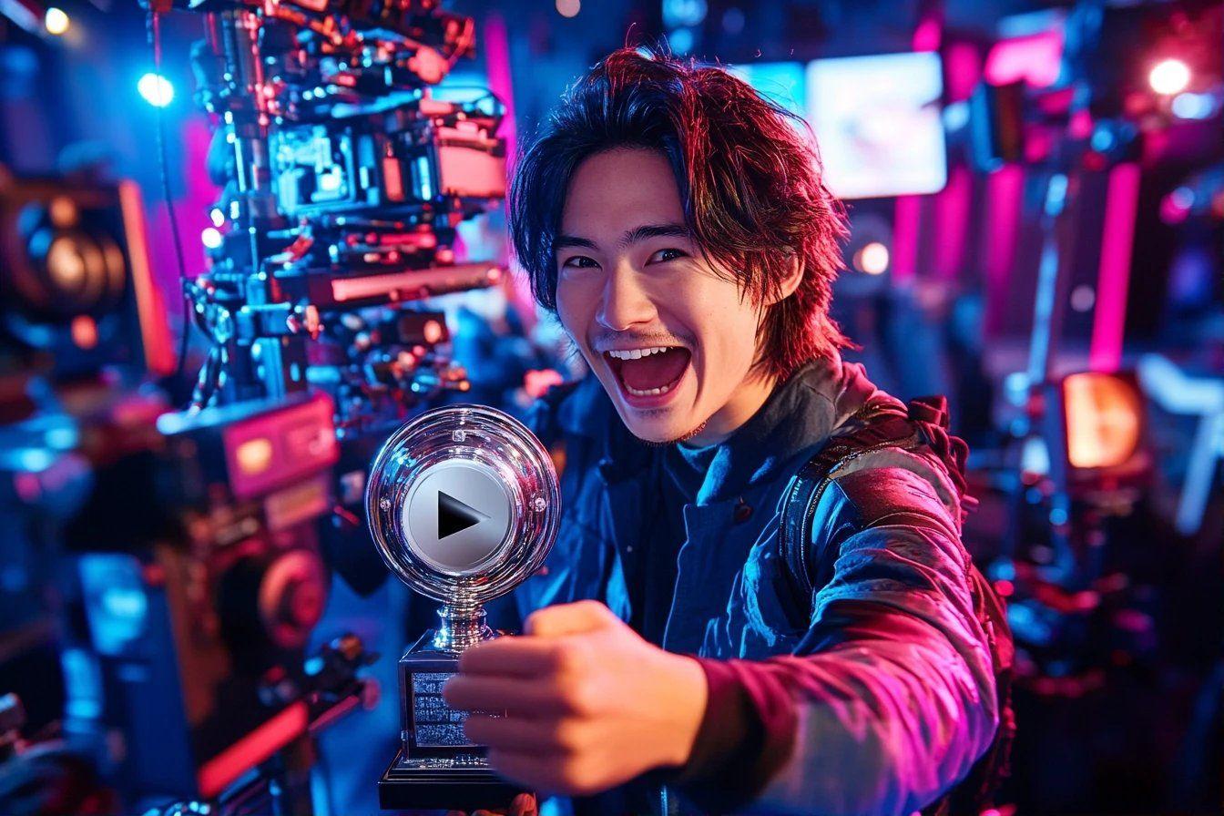 Joueur victorieux tenant un prix, lumi&egrave;res color&eacute;es de fond