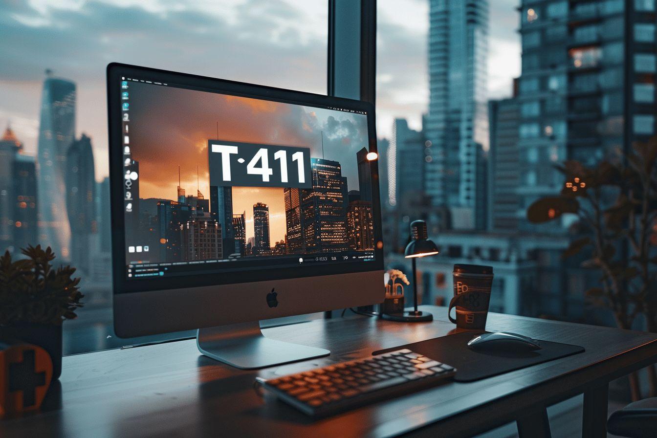 Bureau de travail avec ordinateur affichant le logo T-411 &agrave; la fen&ecirc;tre