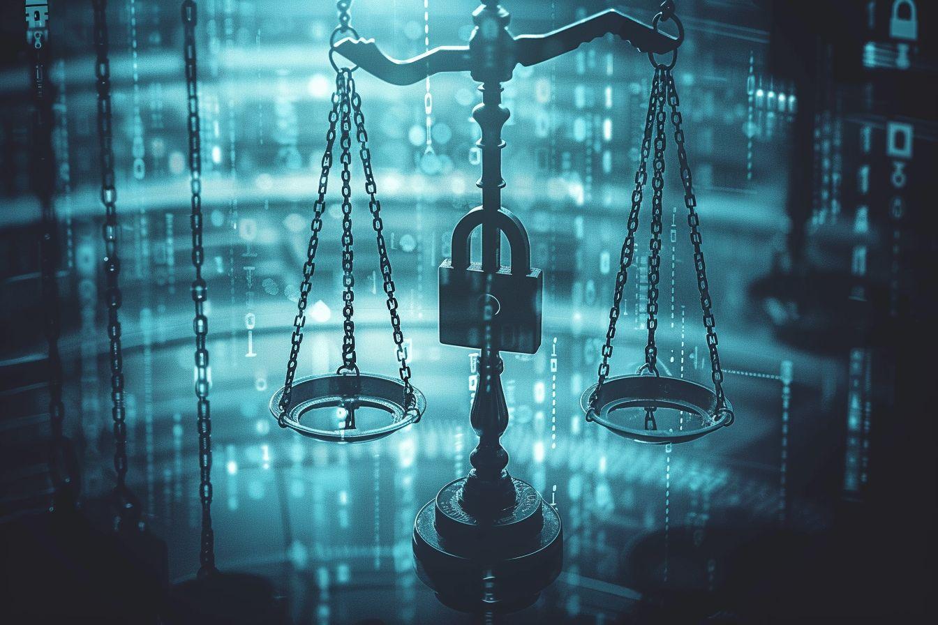 Balance de la justice avec un cadenas dans un environnement num&eacute;rique