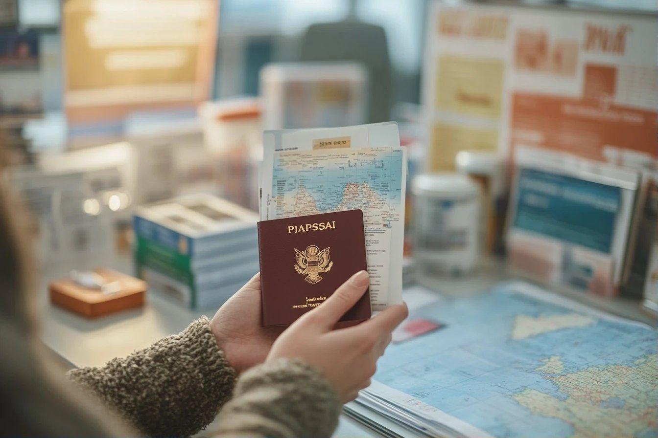 Main tenant un passeport américain près d'une carte géographique