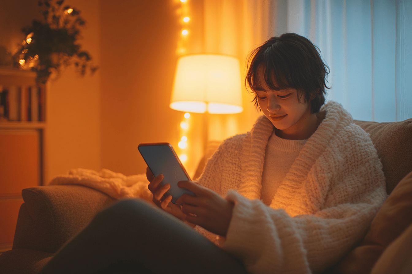 Personne couverte &agrave; la maison, souriante, regardant son smartphone