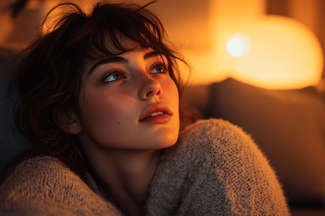 Jeune femme pensive, lumi&egrave;re dor&eacute;e, pull textur&eacute;