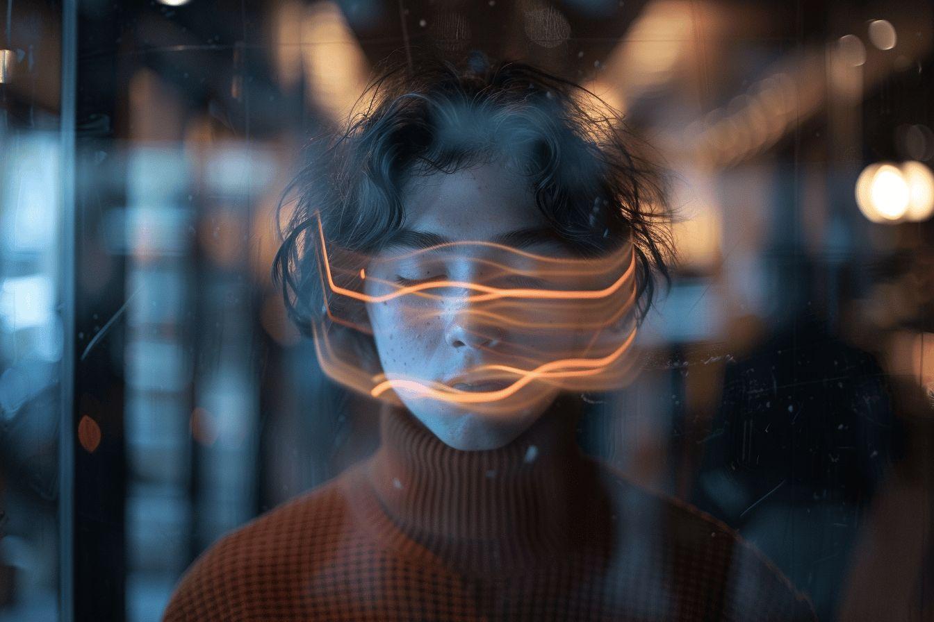 Portrait flou avec des rayures lumineuses orange sur le visage