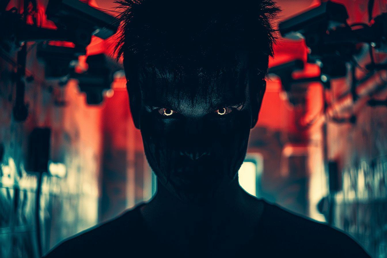 Figure sombre &agrave; contre-jour, regards intenses dans une ambiance rouge