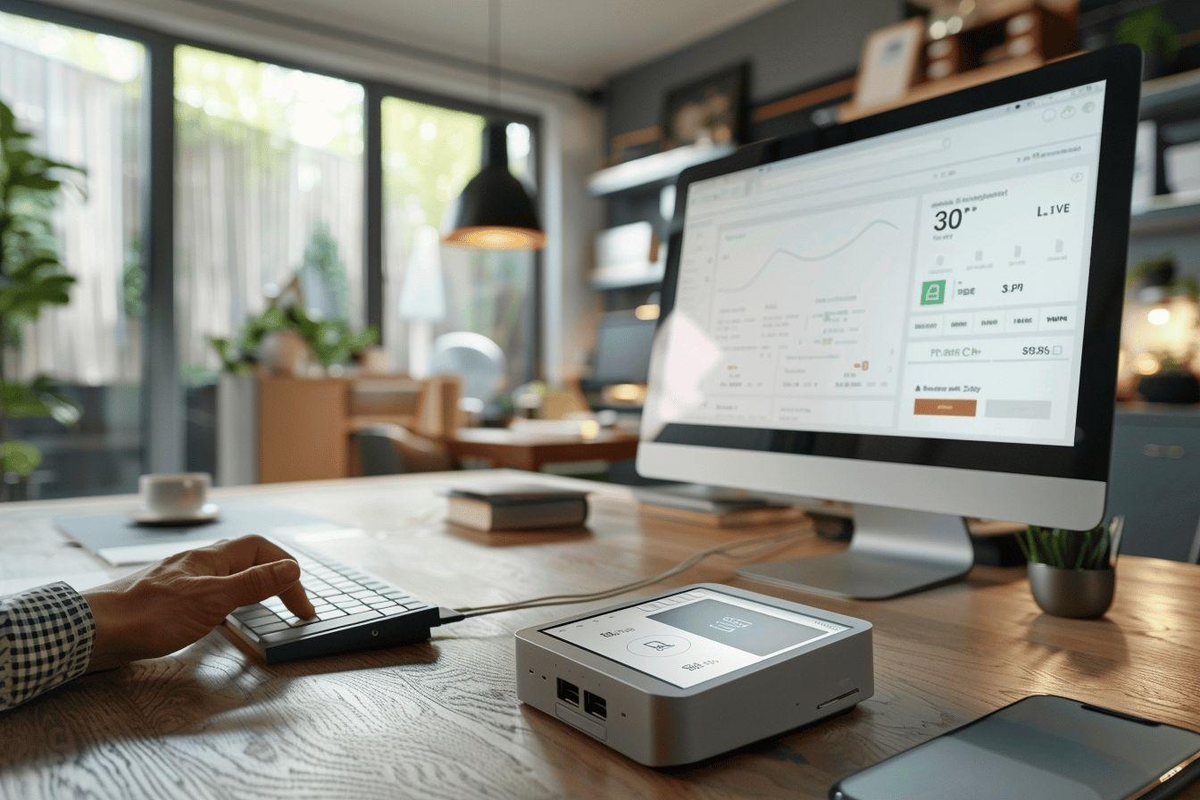 Bureau avec écran d'ordinateur, dispositif électronique et accessoires de bureau