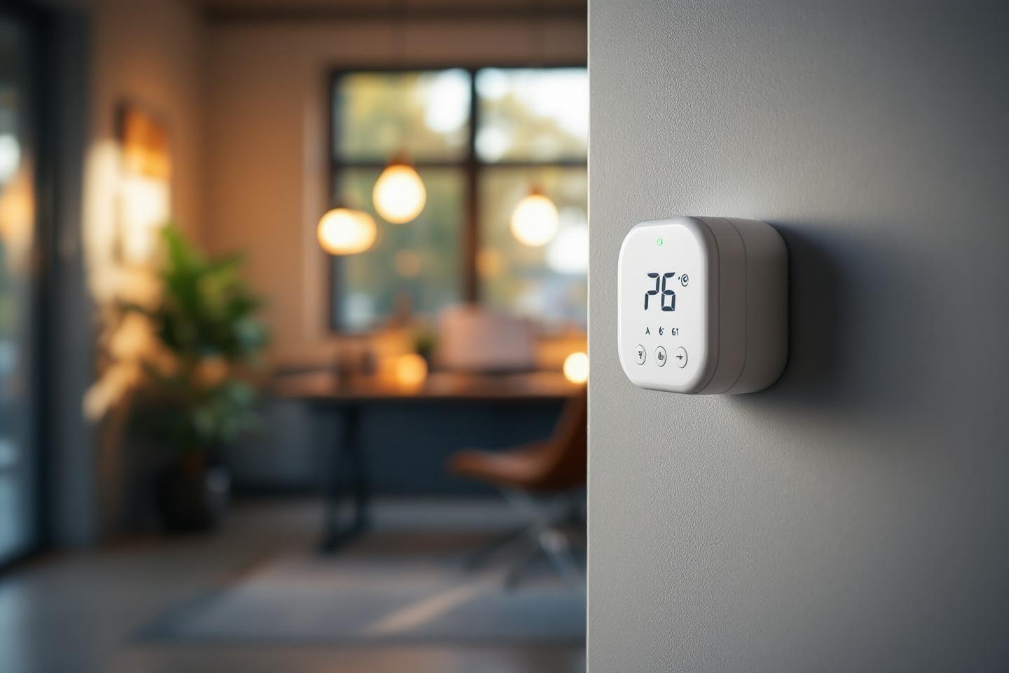 Thermostat blanc avec &eacute;cran digital sur mur gris, salon flou