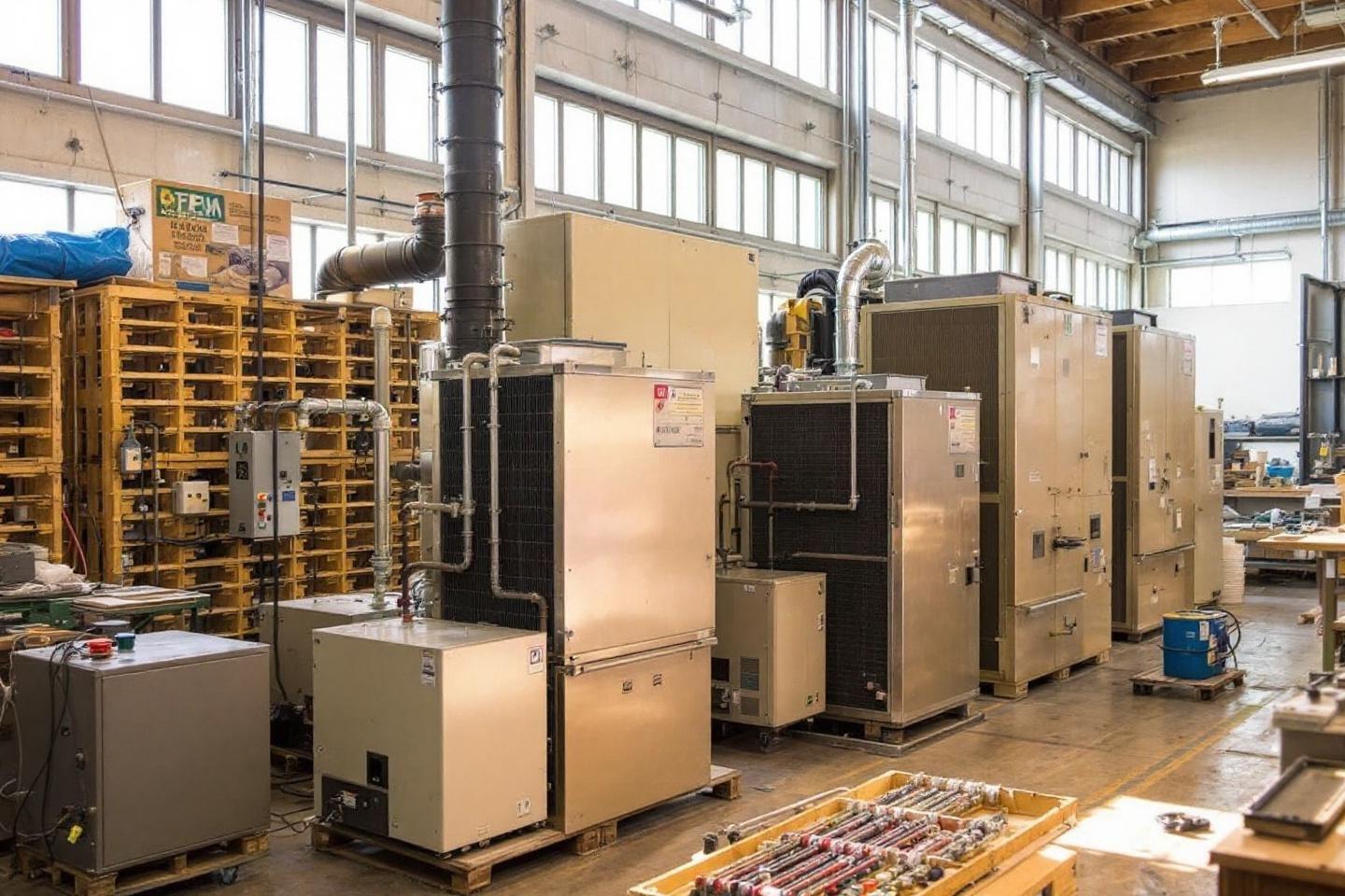 Grands &eacute;quipements industriels sur des palettes dans un atelier