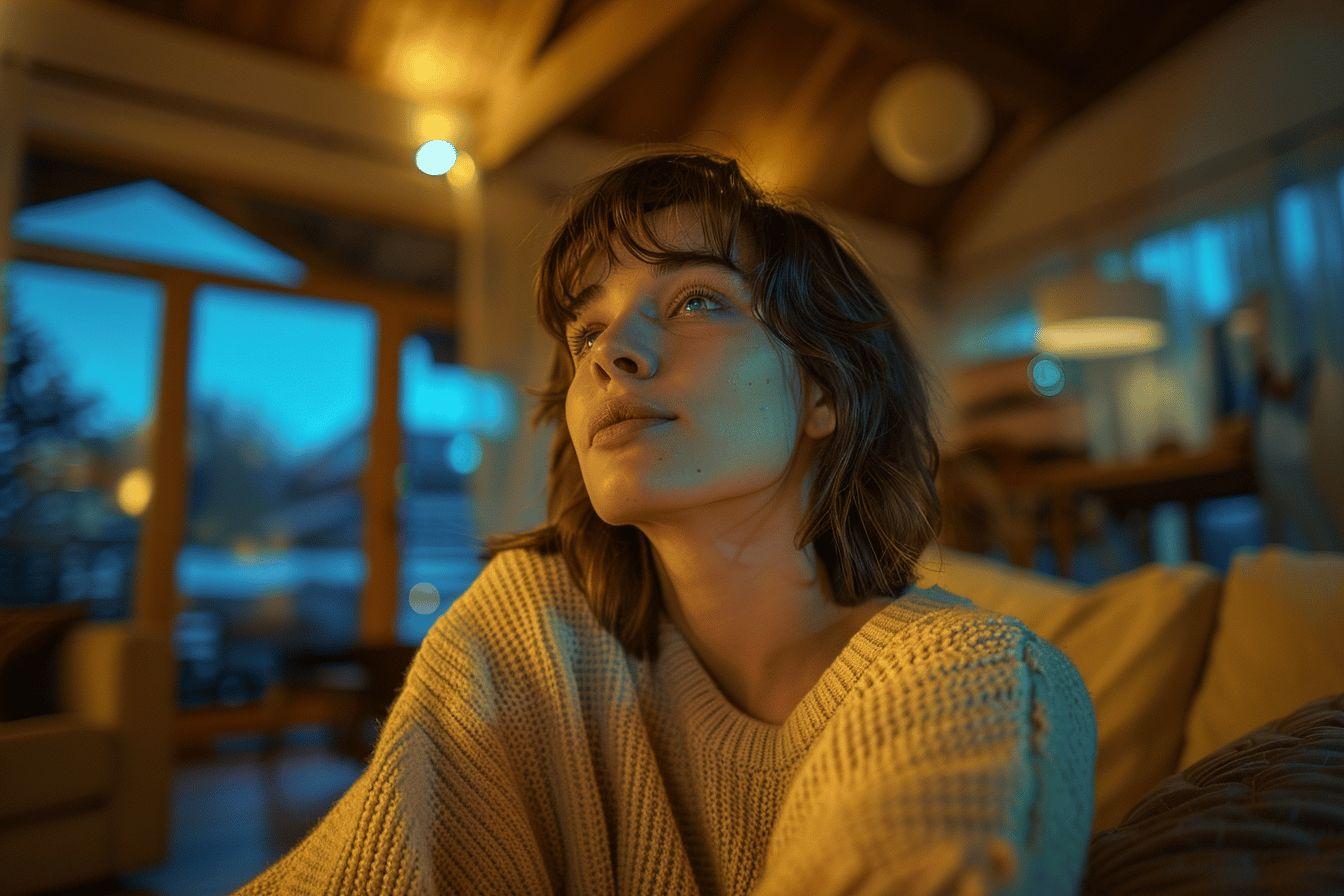 Femme pensive dans un pull, lumi&egrave;re douce, int&eacute;rieur chaleureux