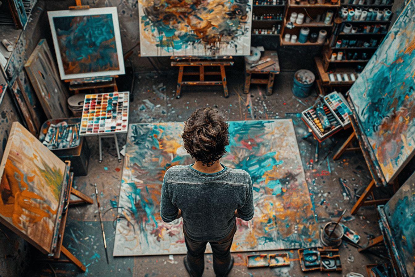 Dos d'artiste devant des toiles et du mat&eacute;riel de peinture