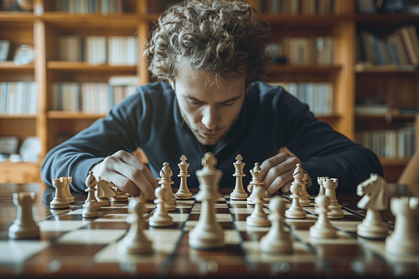 Un homme en costume concentré sur une partie d'échecs