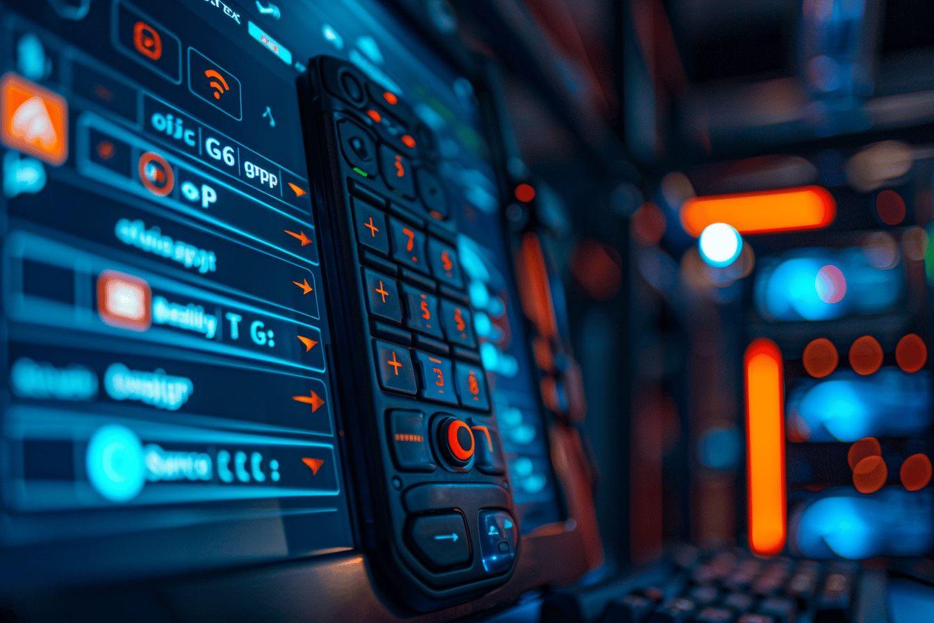 Tableau de bord électronique avec boutons et écrans bleus et oranges