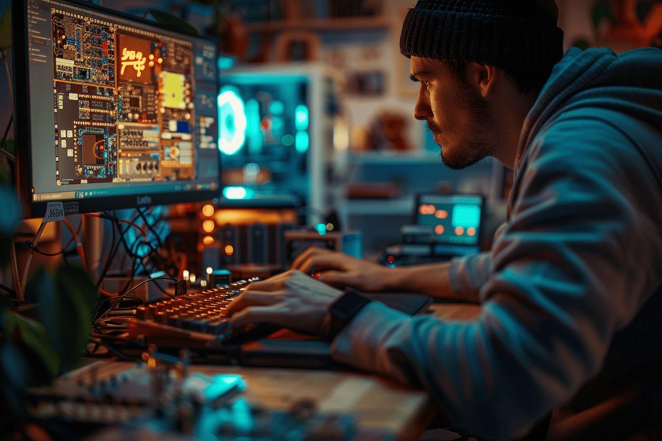 Homme à l'ordinateur, écran technique, lumière bleue