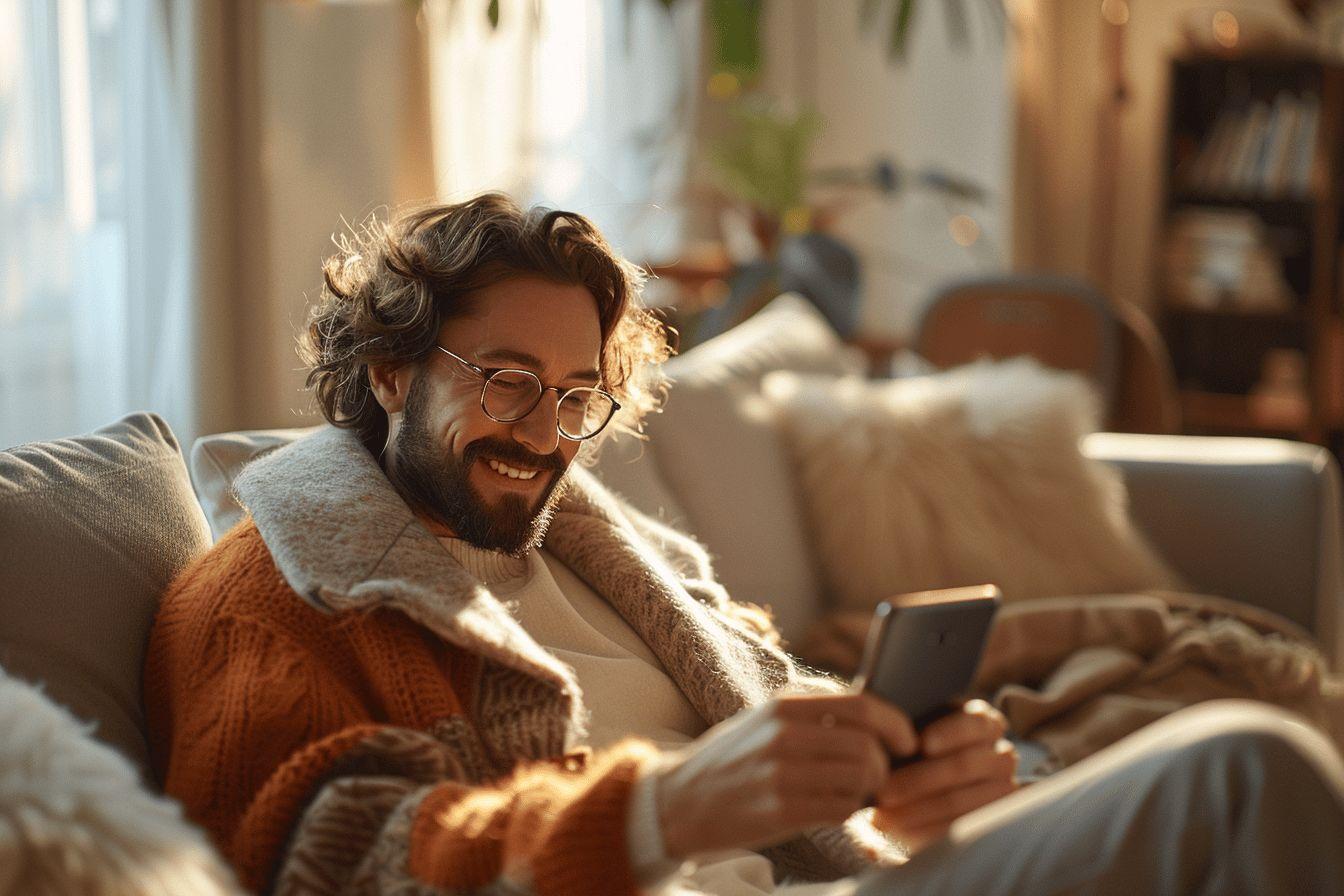 Homme souriant, couvert d'un plaid, regardant son t&eacute;l&eacute;phone