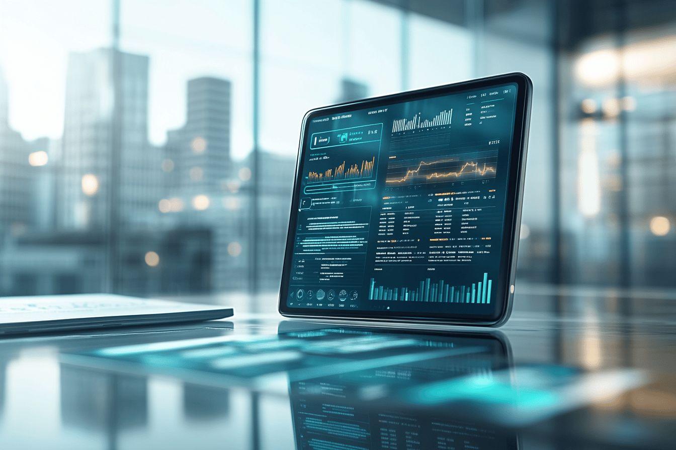 Écran tactile affichant des graphiques et données analytiques dans un bureau