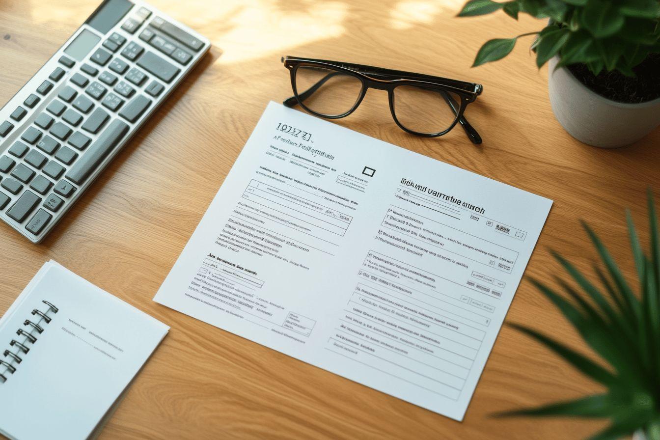 Document officiel, lunettes et clavier sur une table en bois