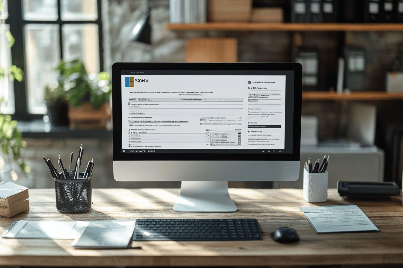 Poste de travail avec écran Sony, fournitures et plantes vertes