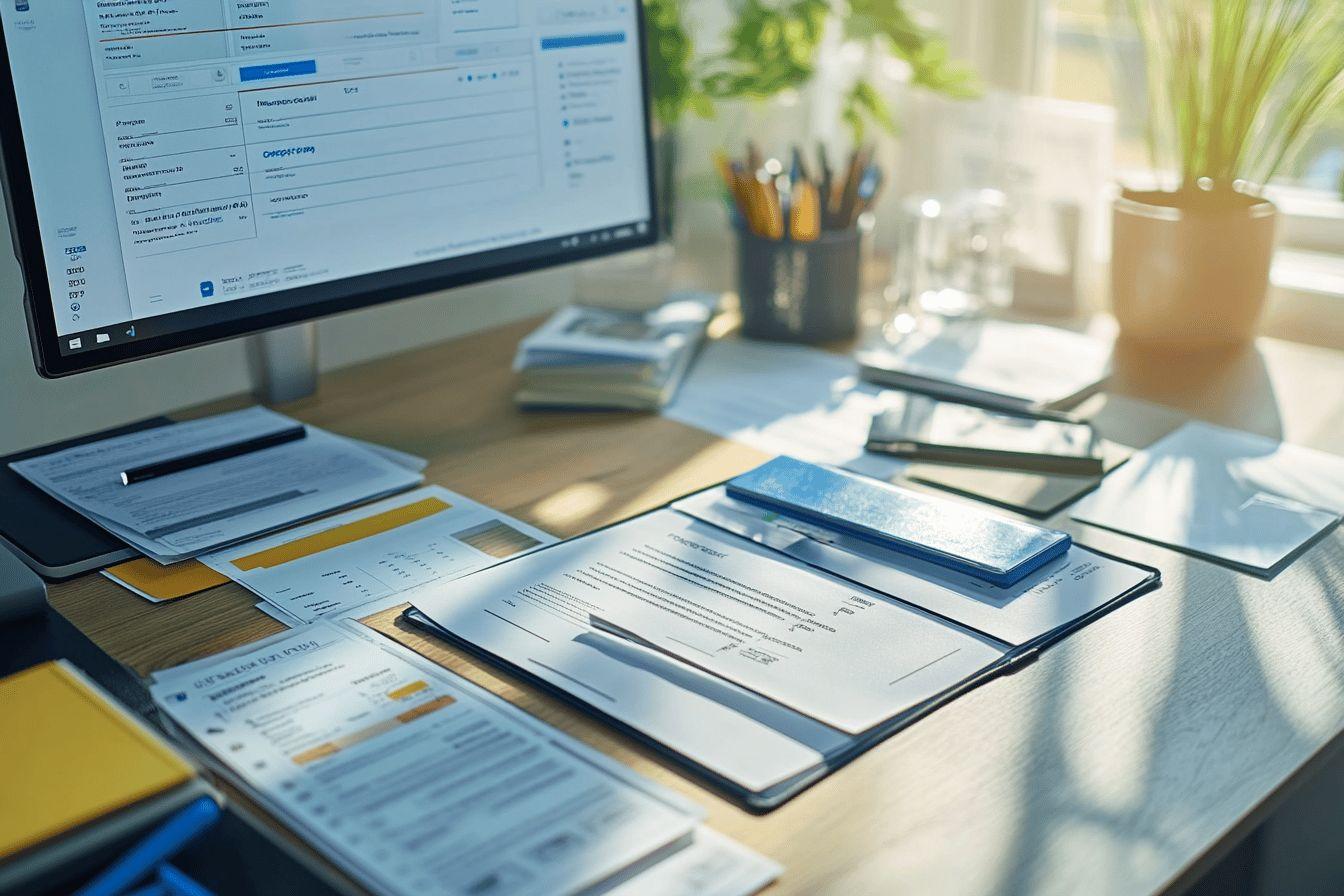 Bureau avec &eacute;cran, documents, plantes et accessoires de travail