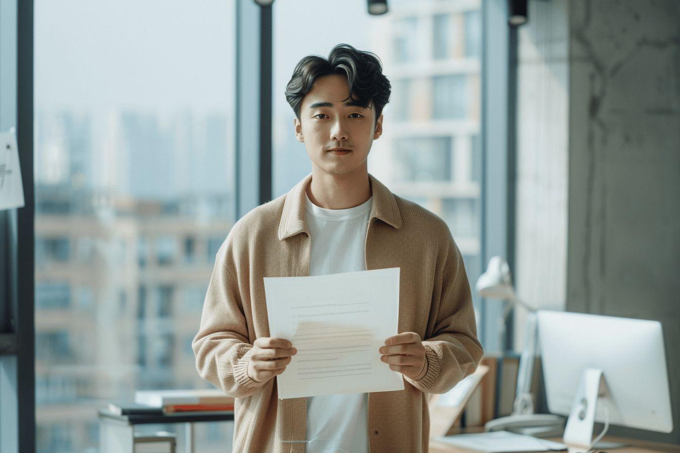 Homme en cardigan tenant un document avec des immeubles en arri&egrave;re-plan