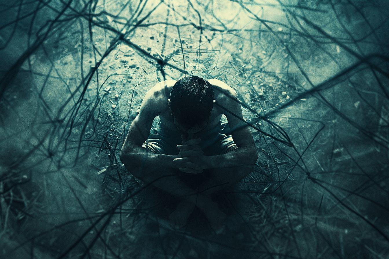 Silhouette recroquevill&eacute;e dans un r&eacute;seau de lignes fragment&eacute;es