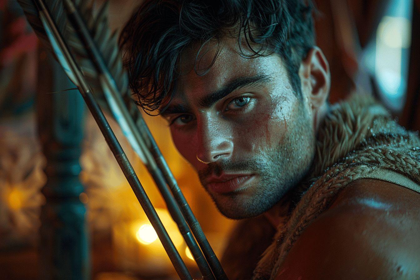 Gros plan d'un archer en tenue de combat, regard intense