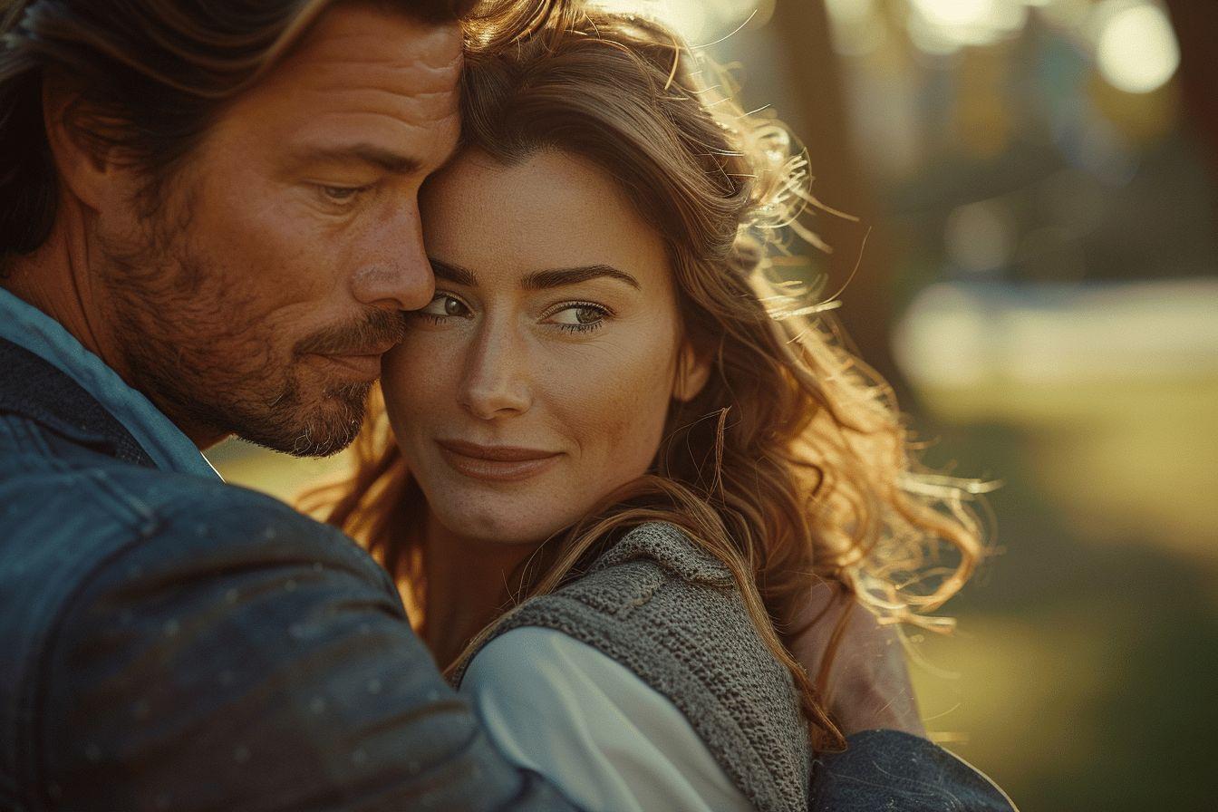 Couple enlac&eacute;, lumi&egrave;re dor&eacute;e, regard complice et tendre