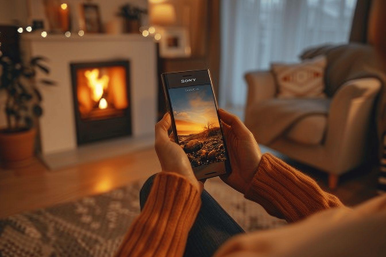Main tenant un téléphone Sony affichant un paysage de coucher de soleil