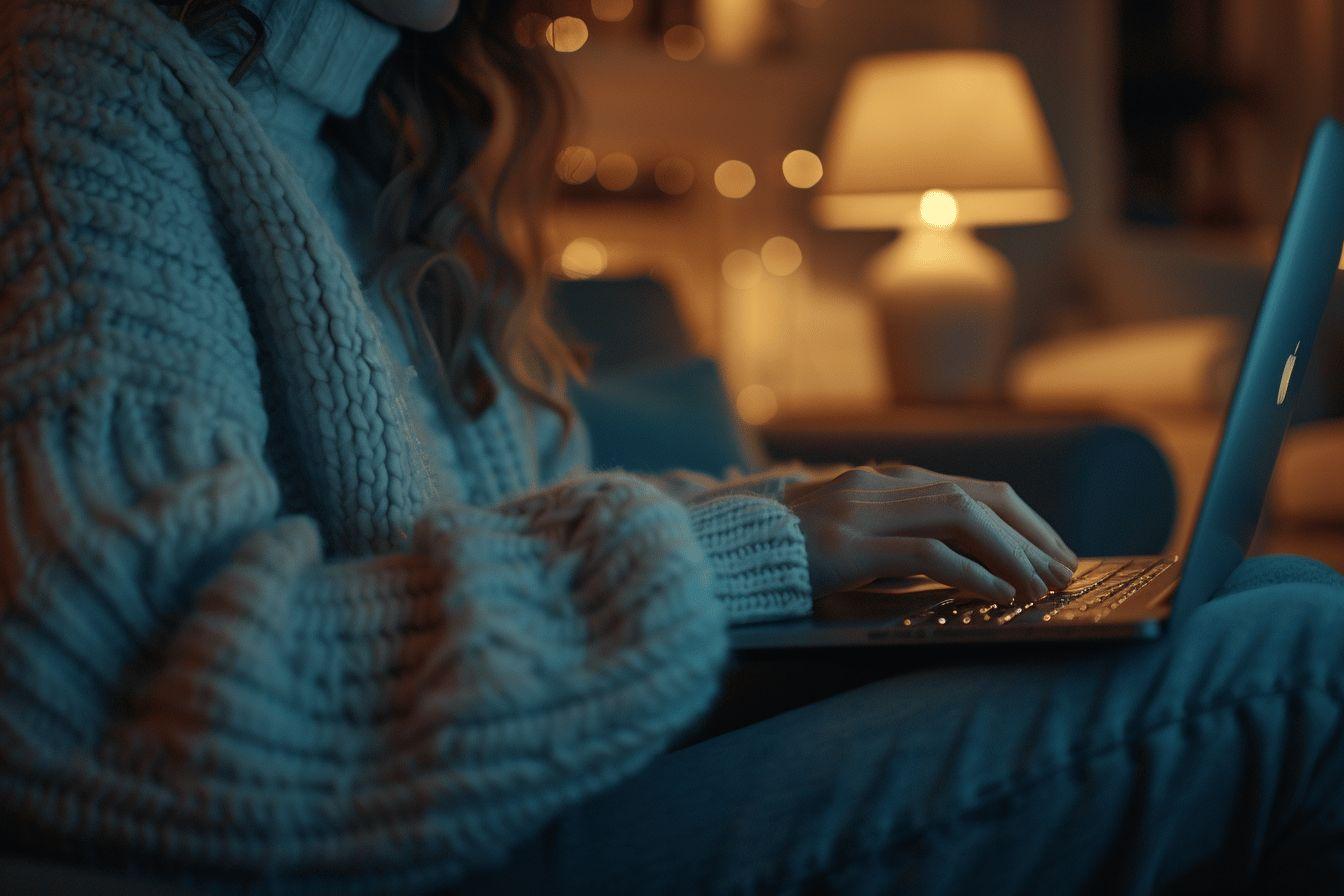 Mains tapant sur un clavier d'ordinateur portable dans une ambiance chaleureuse