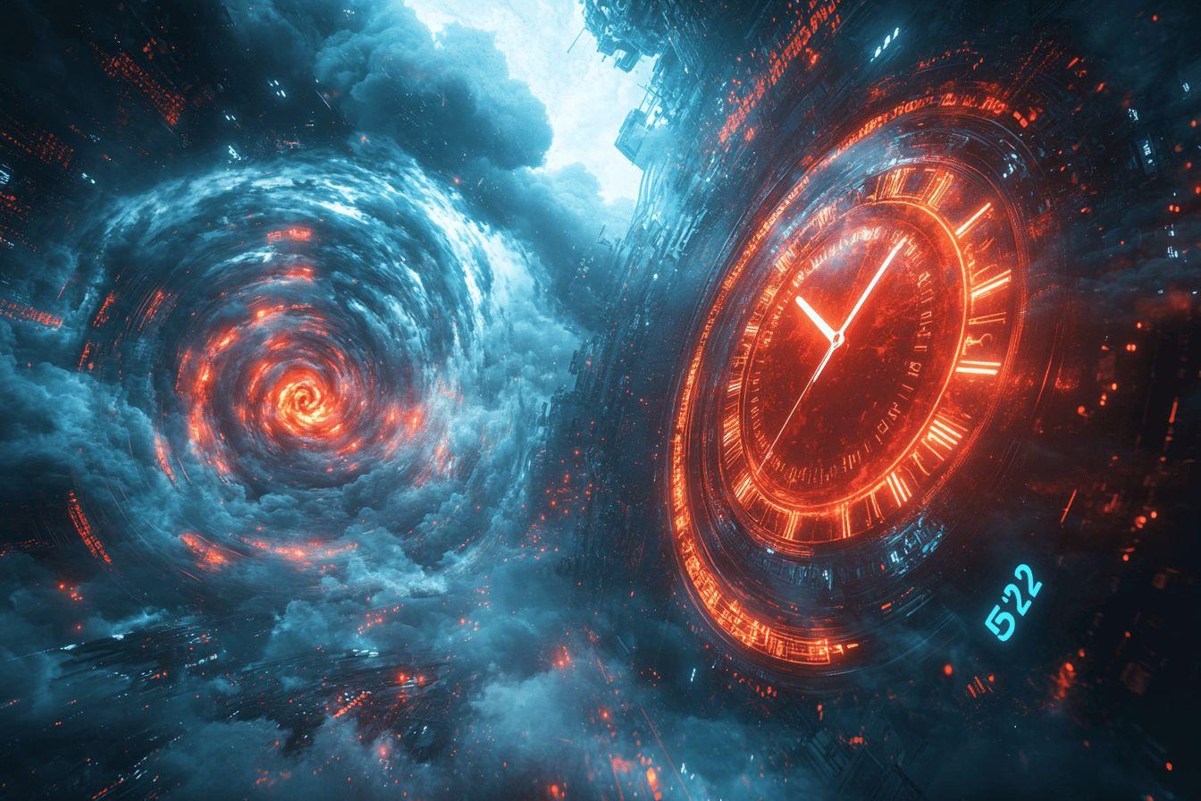 Spirale spatiale bleue et rouge avec horloge technologique