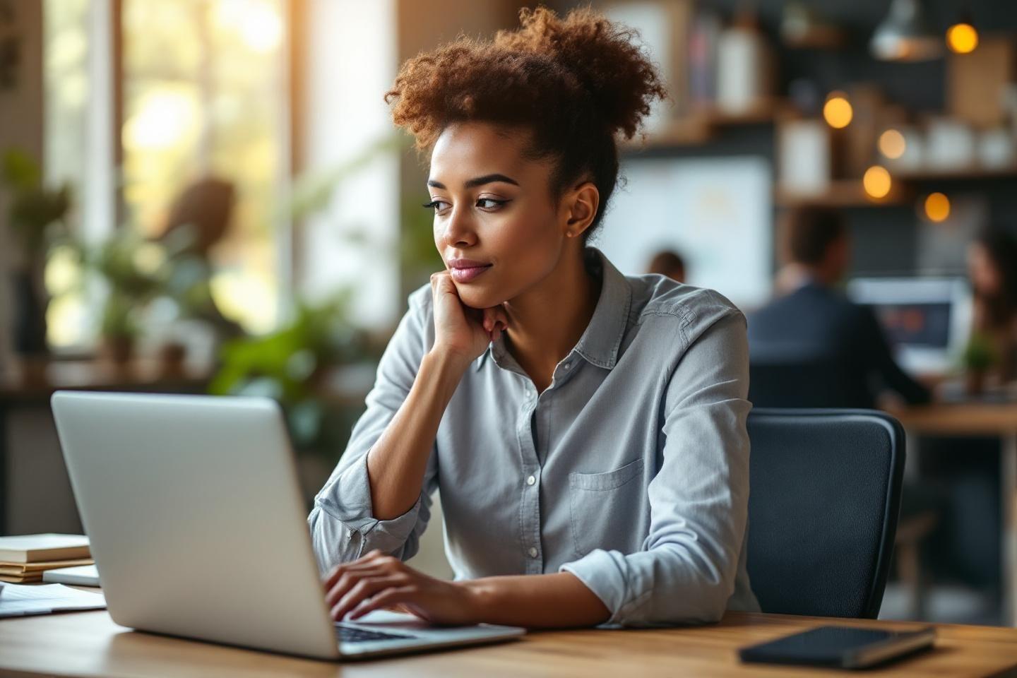 Jeune professionnelle concentr&eacute;e sur son travail dans un bureau moderne