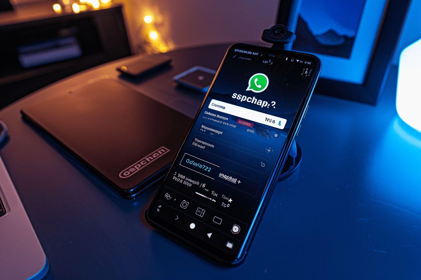 &Eacute;cran de t&eacute;l&eacute;phone affichant l'application WhatsApp dans un environnement sombre